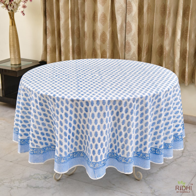 Blue Leaf Print Hand Block Print Cotton Round Tablecloth, Table Linen, for Dinning Table, Wedding, Outdoor Party, Farmhouse, House Warming, Birthdays, Anniversary, House Warming, for Him, Her, Mother and Daughter, Valentine's day,  Easter, Spring