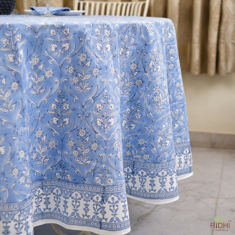 Cornflower Blue Indian Floral Hand-Block Printed Cotton Round Tablecloth