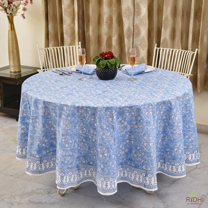 Cornflower Blue Indian Floral Hand-Block Printed Cotton Round Tablecloth