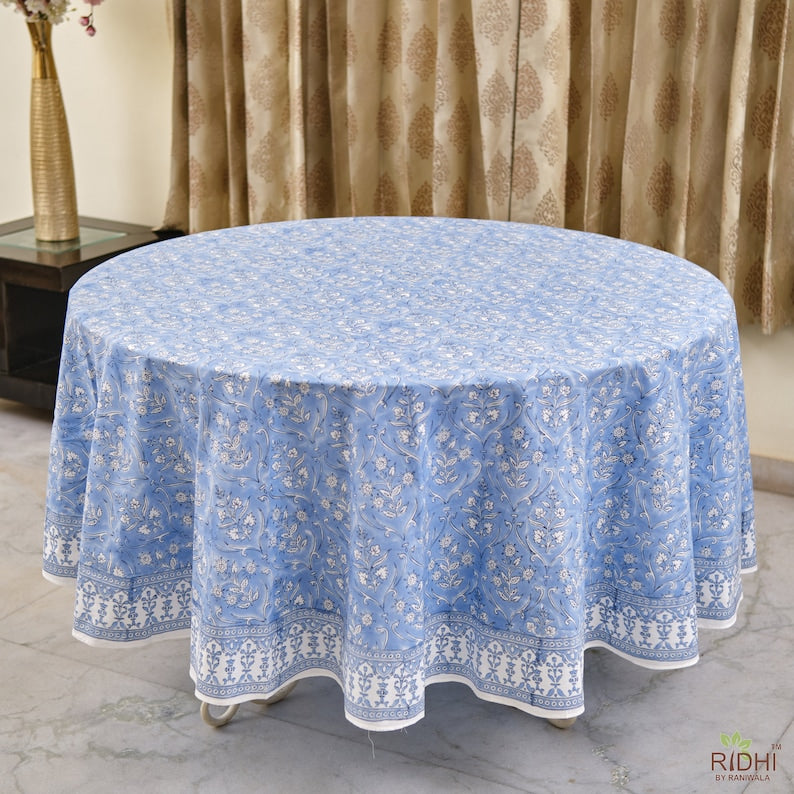 Cornflower Blue Indian Floral Hand-Block Printed Cotton Round Tablecloth