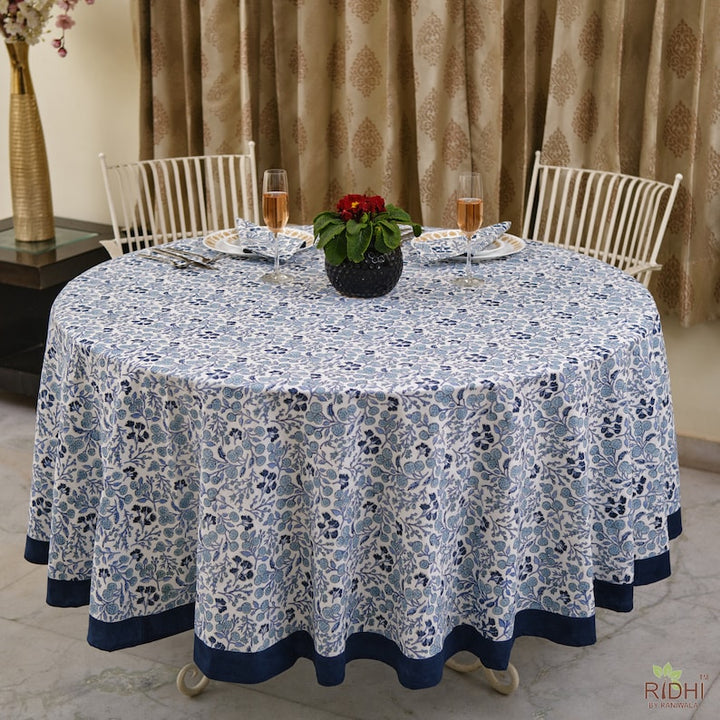 Fabricrush Denim and Baby Blue Floral Hand Block Printed 100% Pure Cotton Round Tablecloth, Gift for her, gifts, Valentine's day,  Easter, Spring