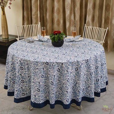 Fabricrush Denim and Baby Blue Floral Hand Block Printed 100% Pure Cotton Round Tablecloth