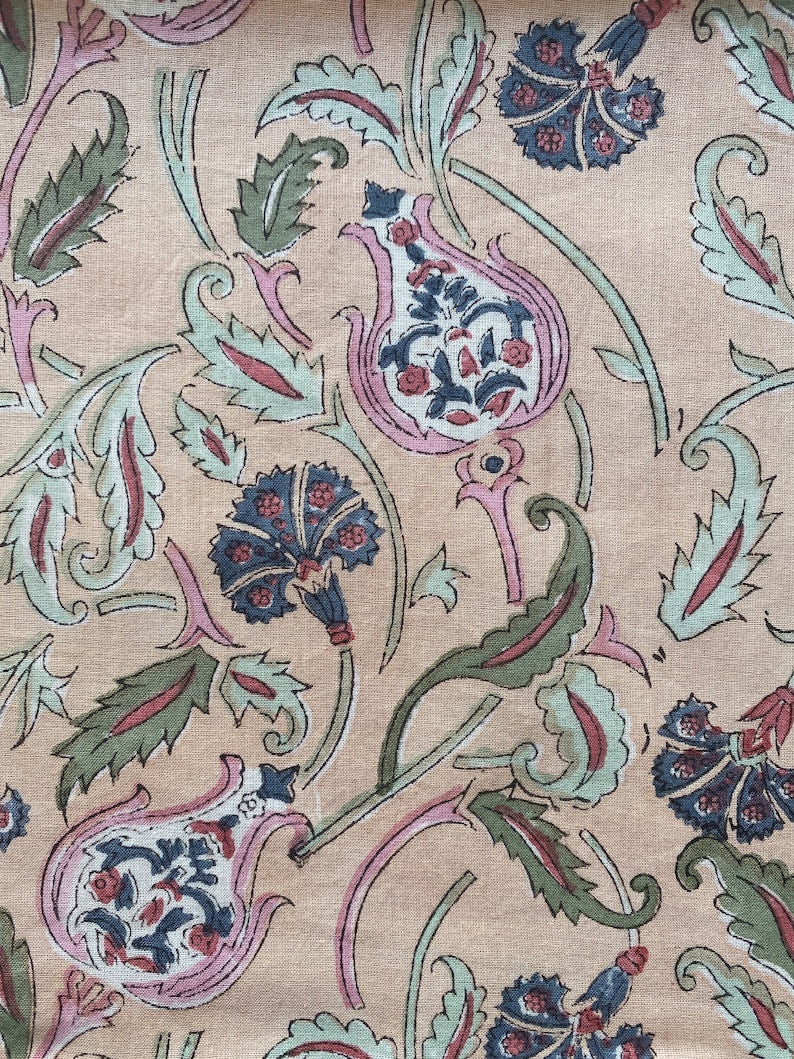 Light Salmon Pink, Laurel Green, Prussian Blue Indian Hand Block Printed Cotton Fabric Napkins, 9x9"-Cocktail Napkins, 20x20"-Dinner Napkins