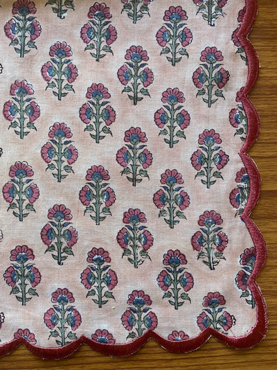 Fabricrush Salmon Pink, Sangria Red Indian Hand Block Printed Embroidered Pure Cotton Cloth Napkins, 18x18"- Cocktail Napkins, 20x20"- Dinner Napkins