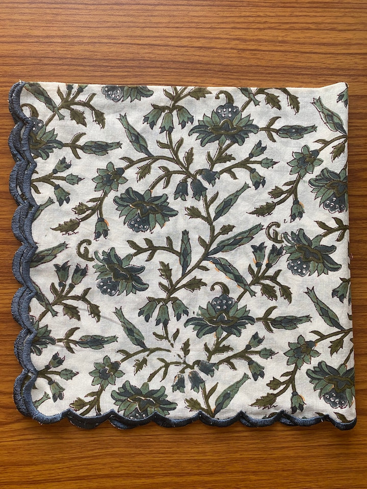 Fabricrush Army and Juniper Green, Peacock Blue Floral Indian Handmade Hand Block Printed 100% Cotton Cloth Embroidered Napkins, Wedding Home Event 18x18"- Cocktail 20X20"- Dinner, Gift for her, gifts, Halloween, Christmas, Thanksgiving