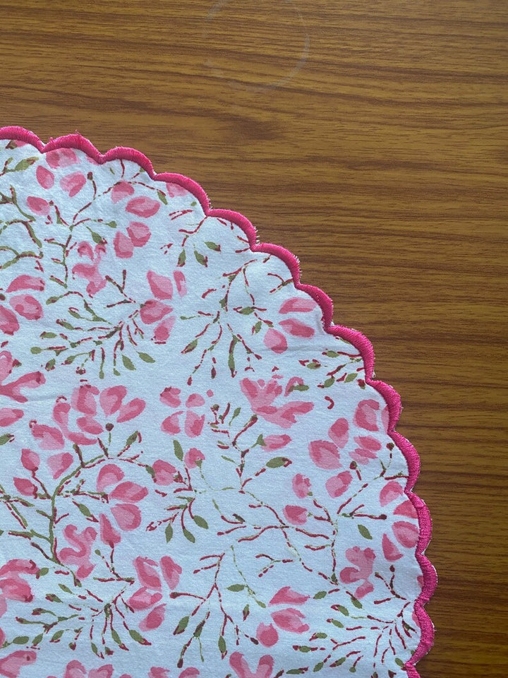 Fabricrush Taffy Pink, Pickle Green Hand Block Print Table Mat Embroidery Scallops Table Decor, Reusable Mats, Dining Table Mats, Gift for her, gifts