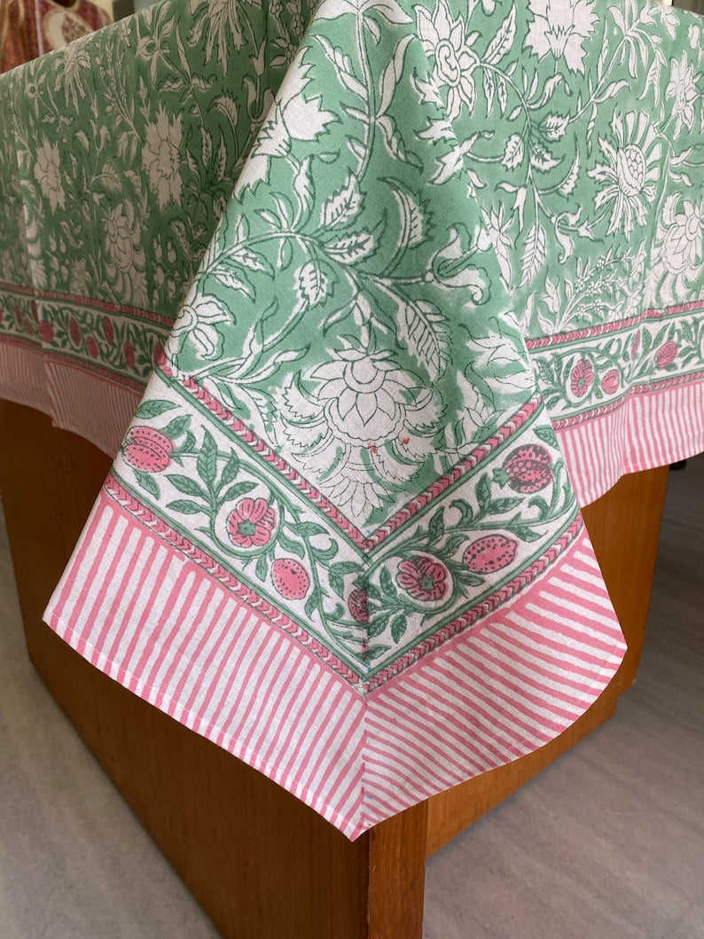 Fabricrush Mint Green, Pink and White Indian Handmade Block Printed Tablecloth, Floral 100% Cotton Table Cover, Dining And Wedding Tablecloth