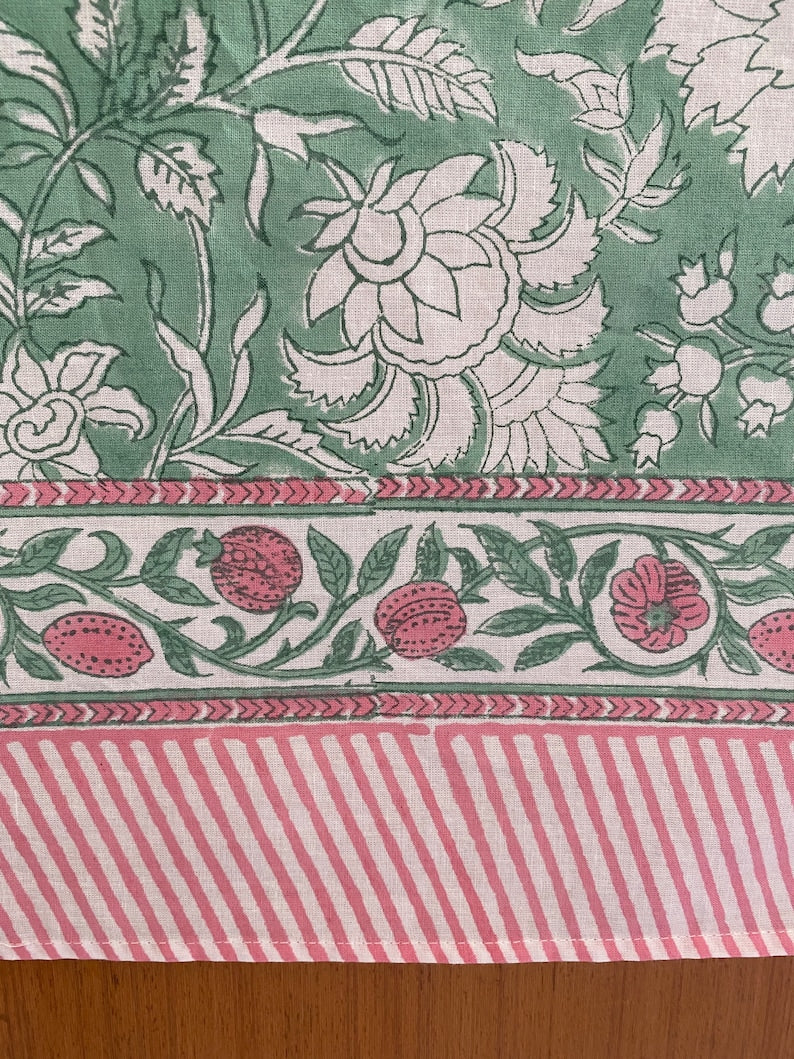 Fabricrush Mint Green, Pink and White Indian Handmade Block Printed Tablecloth, Floral 100% Cotton Table Cover, Dining And Wedding Tablecloth