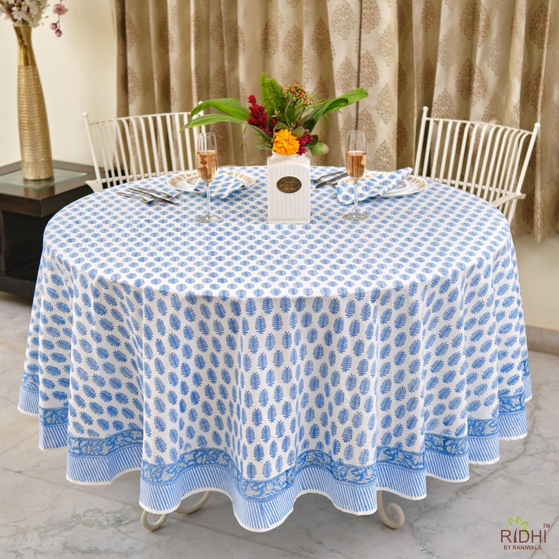 Blue Leaf Print Hand Block Print Cotton Round Tablecloth, Table Linen, for Dinning Table, Wedding, Outdoor Party, Farmhouse, House Warming, Birthdays, Anniversary, House Warming, for Him, Her, Mother and Daughter, Valentine's day,  Easter, Spring