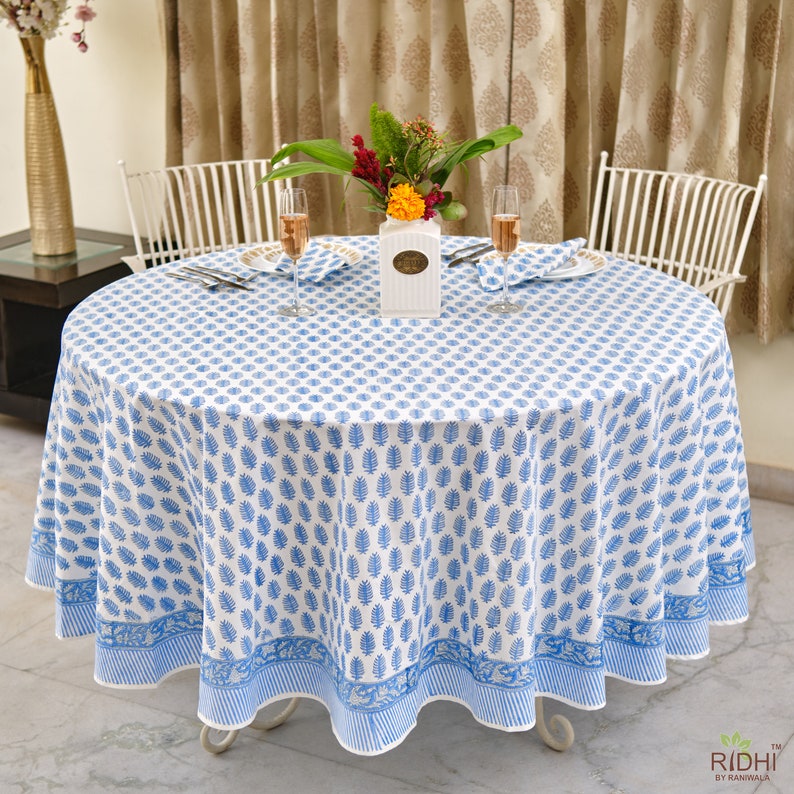 Blue Leaf Print Round Tablecloth, Table Linen, Border all Around, Dining Table Decor, India Block Printed Cotton Tablecloth, 60", 90", 110"