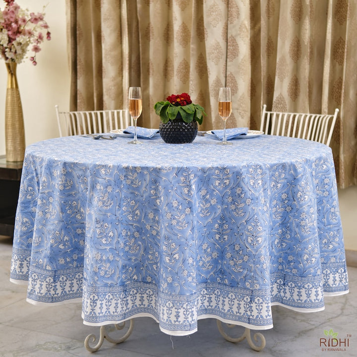 Cornflower Blue Indian Floral Hand-Block Printed Cotton Round Tablecloth