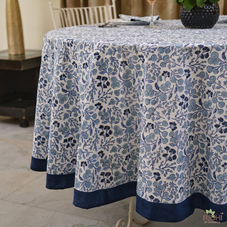 Fabricrush Denim and Baby Blue Floral Hand Block Printed 100% Pure Cotton Round Tablecloth