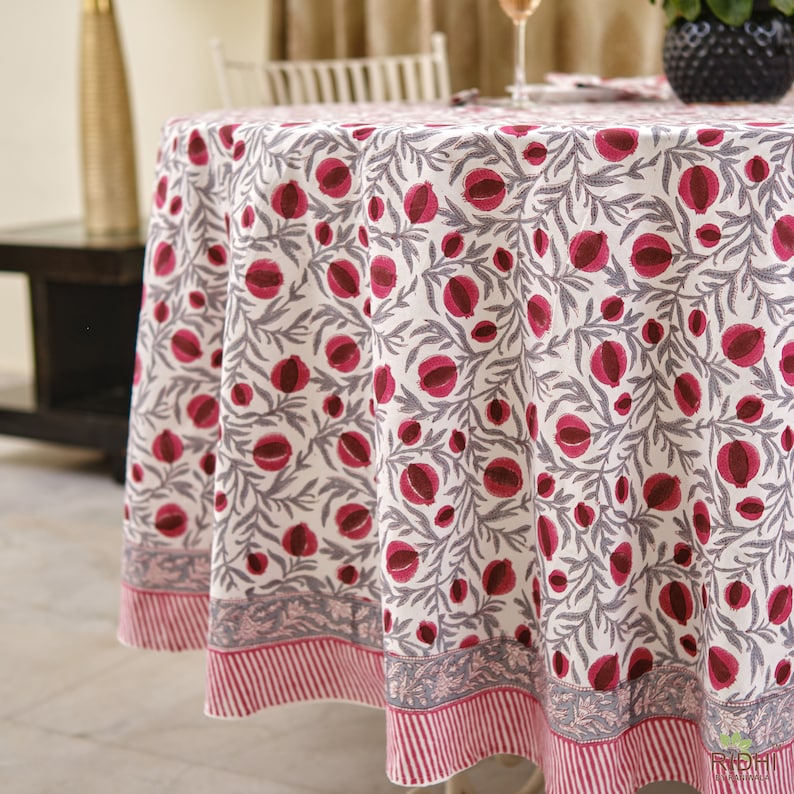 Sangria Red, Cerise Pink Pomegranate Design Indian Hand-Block Printed Cotton Round Tablecloth