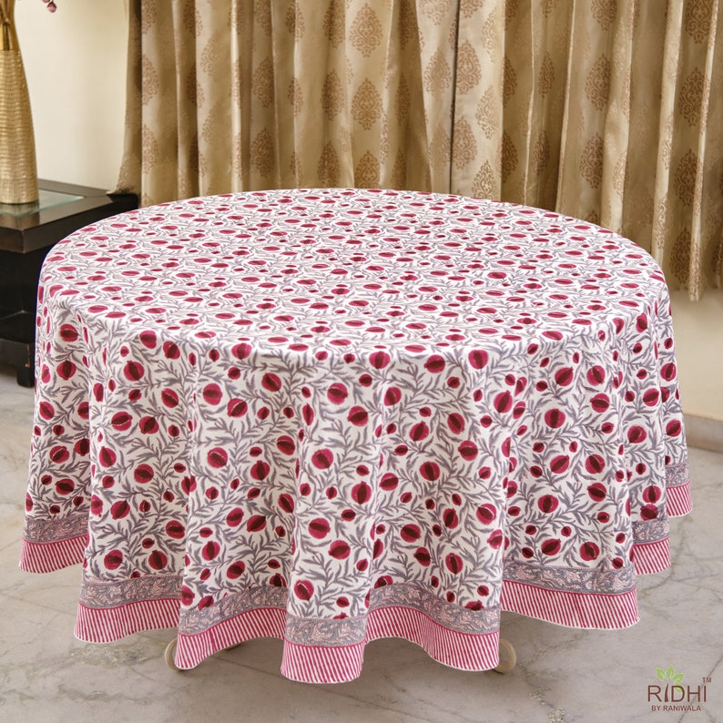 Sangria Red, Cerise Pink Pomegranate Design Indian Hand-Block Printed Cotton Round Tablecloth