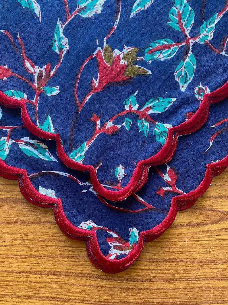 Dark Blue, Vermillion Red, Pine Green Indian Floral Printed Pure Cotton Cloth Napkins, Wedding Party Home Gift 9x9"- Cocktail 20x20"- Dinner