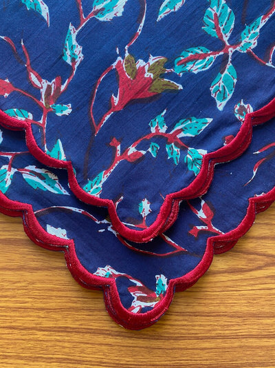 Dark Blue, Vermillion Red, Pine Green Indian Floral Printed Pure Cotton Cloth Napkins, Wedding Party Home Gift 9x9"- Cocktail 20x20"- Dinner