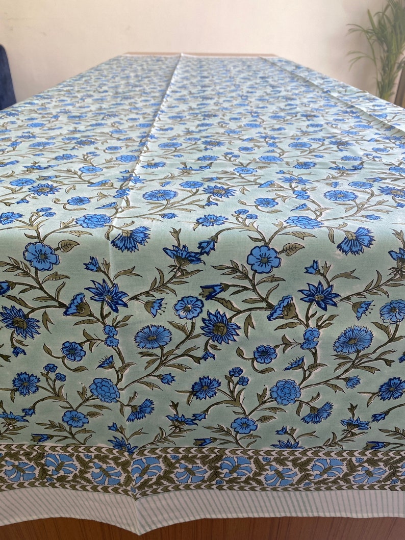 Laurel and Army Green Indian Floral Hand Block Printed Cotton Tablecloth