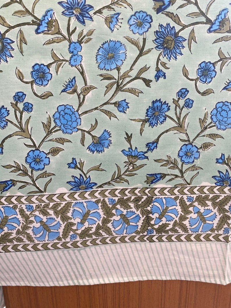 Fabricrush Laurel and Army Green, Carolina Blue Indian Hand Block Floral Printed Pure Cotton Tablecloth, Table Cover, Linen Set for Party Wedding Gifts