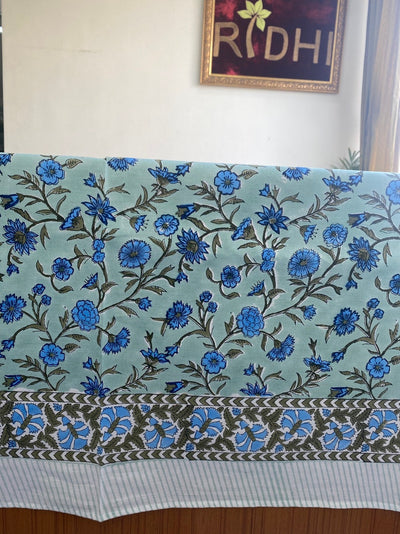 Fabricrush Laurel and Army Green, Carolina Blue Indian Hand Block Floral Printed Pure Cotton Tablecloth, Table Cover, Linen Set for Party Wedding Gifts