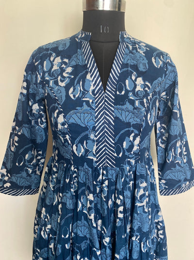 Fabricrush Indian Denim and Aegean Blue Print Long Dress With Pockets, Bridesmaids dress, Gift for Mom, Lightweight Summer Dress