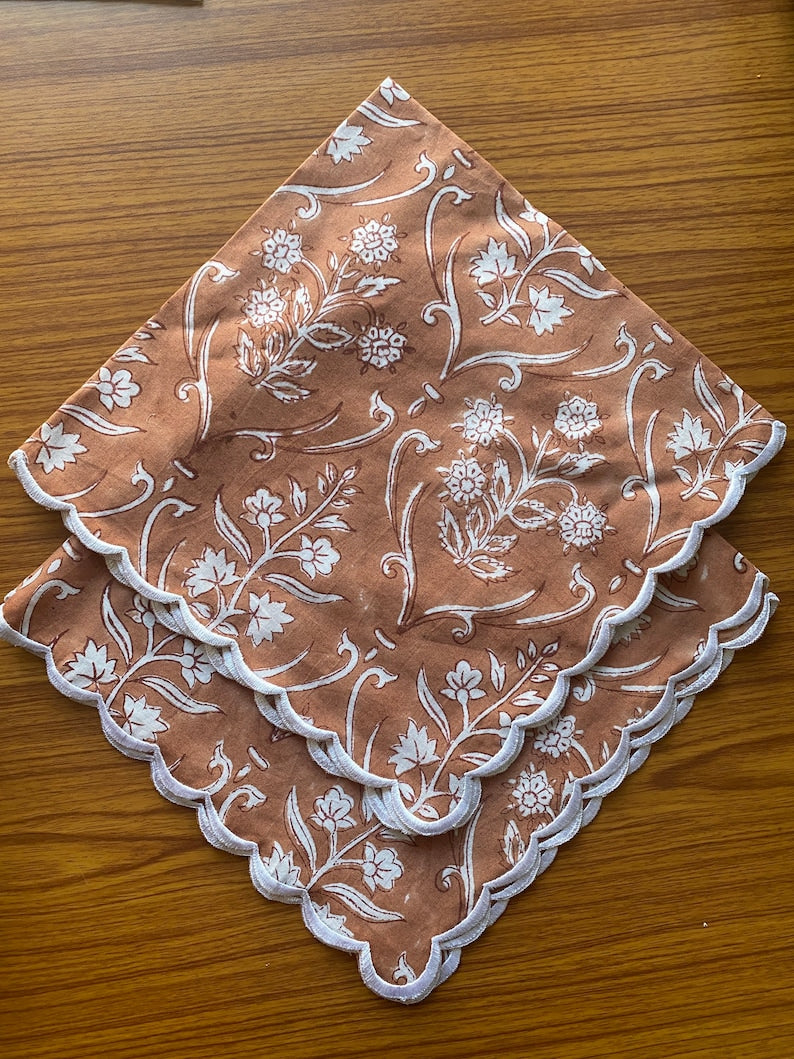 Tawny Brown and White Indian Hand Block Floral Printed Pure Cotton Cloth Napkins, Farmhouse Wedding Home, 9x9"- Cocktail 20x20"- Dinner