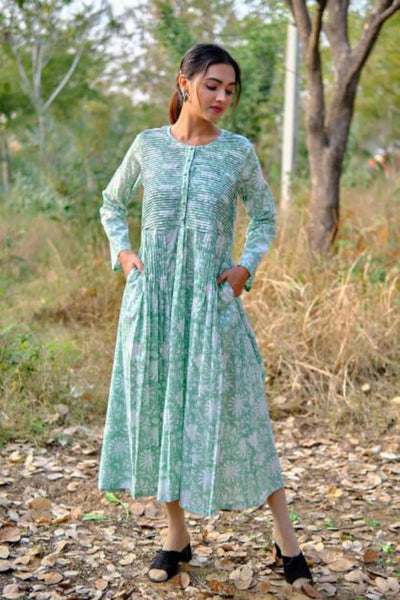 Fabricrush Indian Block Printed Mint Green and White Top, Long Tunic With Pockets, Bridesmaids dress