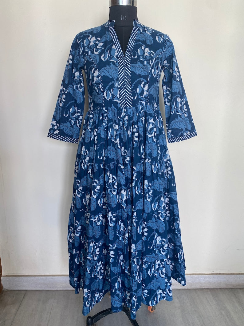 Fabricrush Indian Denim and Aegean Blue Print Long Dress With Pockets, Bridesmaids dress, Gift for Mom, Lightweight Summer Dress
