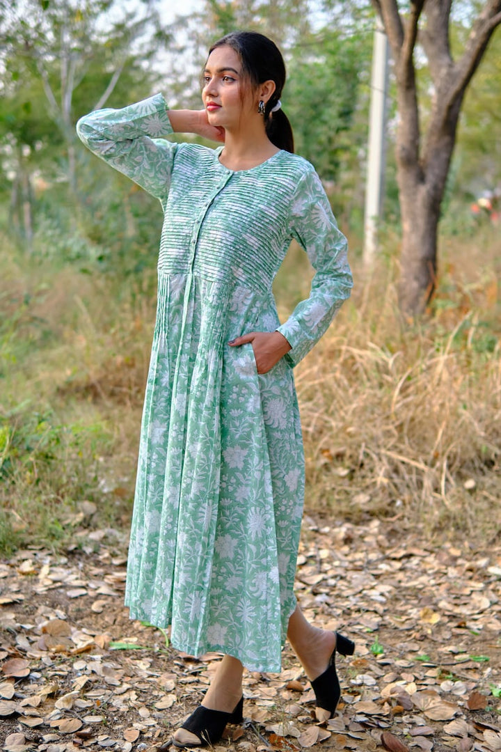 Fabricrush Indian Block Printed Mint Green and White Top, Long Tunic With Pockets, Bridesmaids dress, Gift for Her, Woman, Girlfriend, Bridesmaid, Wife,  Friend, Mom, Bride, Christmas