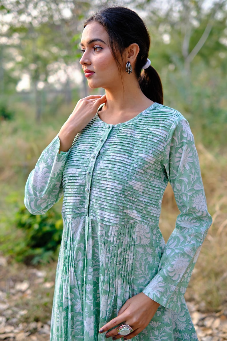 Fabricrush Indian Block Printed Mint Green and White Top, Long Tunic With Pockets, Bridesmaids dress, Gift for Her, Woman, Girlfriend, Bridesmaid, Wife,  Friend, Mom, Bride, Christmas