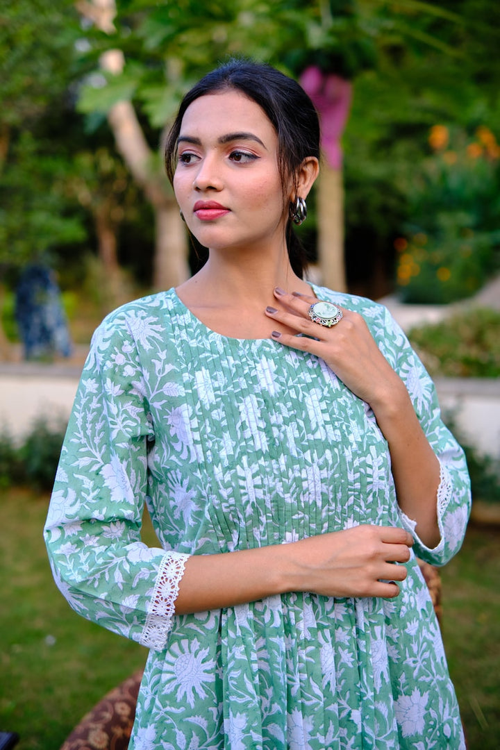 Fabricrush Indian Block Printed Mint Green and White Top, Long Tunic With Pockets, Bridesmaids dress, Gift for Her, Woman, Girlfriend, Bridesmaid, Wife,  Friend, Mom, Bride, Christmas