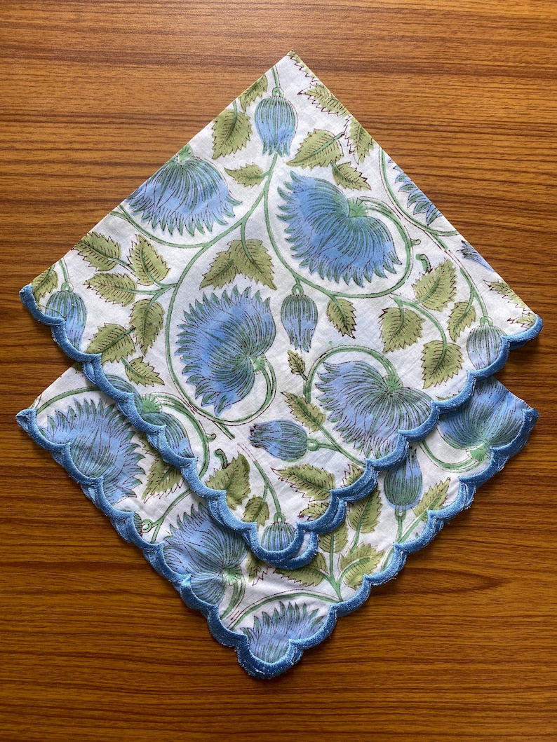 Fabricrush Cornflower Blue, Russian Green Indian Floral Block Printed Cotton Cloth Embroidered Scallop Napkins, Wedding Event Party Birthday, 18x18"-Cocktail 20x20"-Dinner