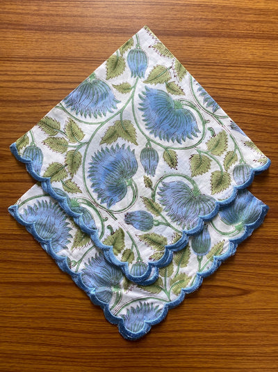 Fabricrush Cornflower Blue, Russian Green Indian Floral Block Printed Cotton Cloth Embroidered Scallop Napkins, Wedding Event Party Birthday, 18x18"-Cocktail 20x20"-Dinner