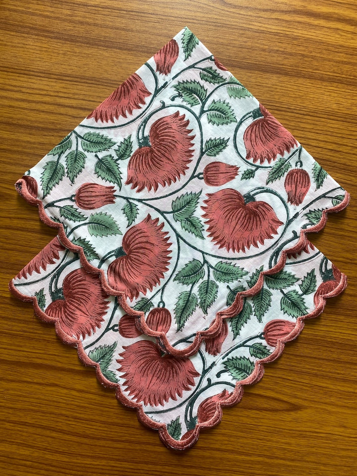 Indian Floral Hand Block Print Cotton Embroidery Napkins