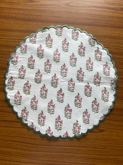 Fabricrush Punch Pink, Uniform Green Indian Floral Hand Block Printed 100% Pure Cotton Cloth Mats, Table Decor, Reusable Mats