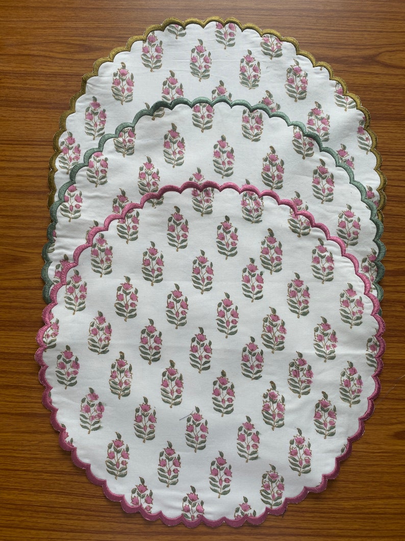 Fabricrush Punch Pink, Uniform Green Indian Floral Hand Block Printed 100% Pure Cotton Cloth Mats, Table Decor, Reusable Mats