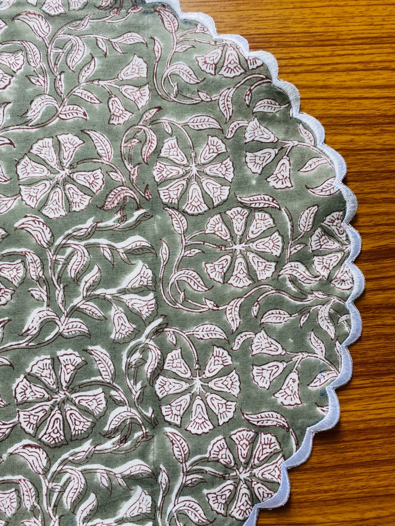 Artichoke Green and White Indian Floral Hand Block Printed 100% Pure Cotton Cloth Mats, Table Decor, Reusable Mats, Set of 2,4,6,12,24,48