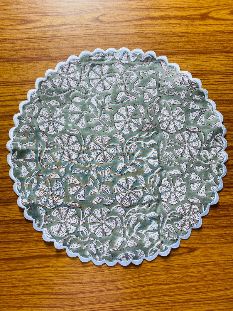 Artichoke Green and White Indian Floral Hand Block Printed 100% Pure Cotton Cloth Mats, Table Decor, Reusable Mats, Set of 2,4,6,12,24,48