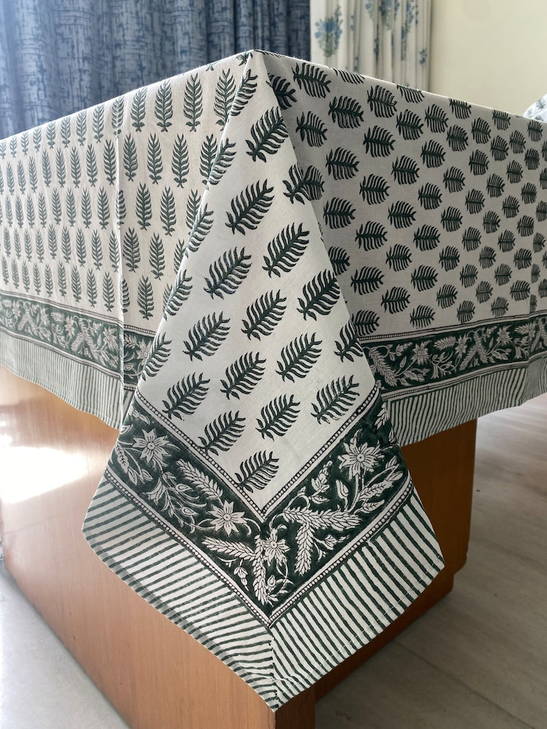 Fabricrush Juniper Green and White Handmade Leaf Printed Design Block Printing Tablecloth, Table Cover And Linen Set, Farmhouse and Wedding Decor, Gifts, Custom Table Cloth, Gift for her, gifts, Christmas decor, Christmas