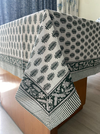 Fabricrush Juniper Green and White Handmade Leaf Printed Design Block Printing Tablecloth, Table Cover And Linen Set, Farmhouse and Wedding Decor, Gifts