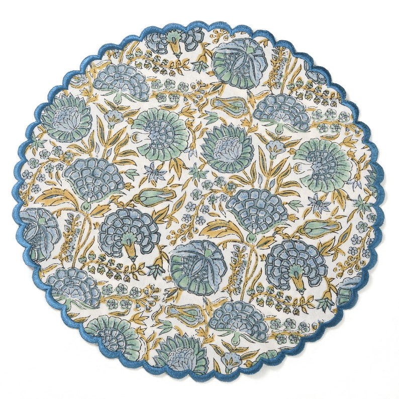 Asparagus Green, Air Force Blue Indian Floral Hand Block Printed Pure Cotton Cloth Mats, Table Decor, Reusable Mats, Set of 2,4,6,12,24,48