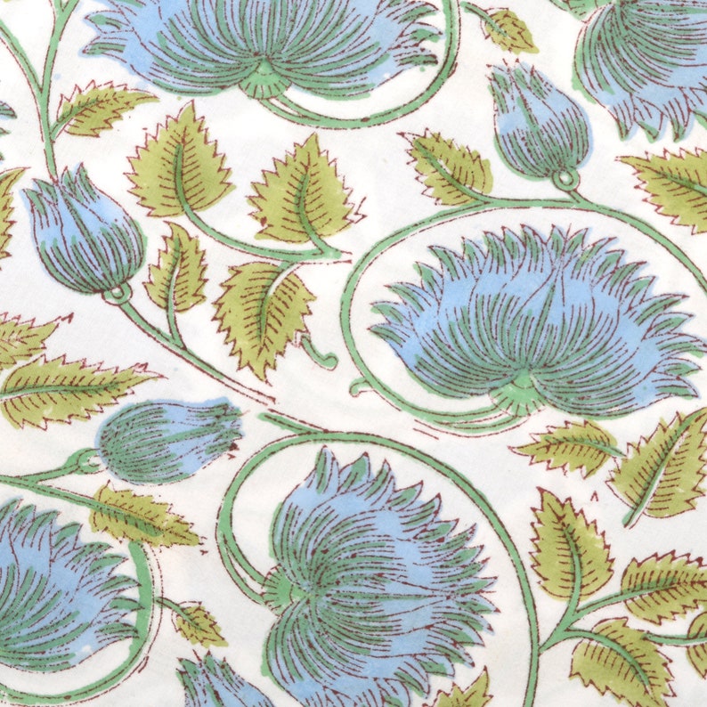Fabricrush Cornflower Blue, Russian Green Indian Floral Hand Block Printed 100% Cotton Cloth Mats, Table Decor, Reusable Mats