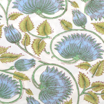 Cornflower Blue, Russian Green Indian Floral Hand Block Printed 100% Cotton Cloth Mats, Table Decor, Reusable Mats, Set of 2,4,6,12,24,48