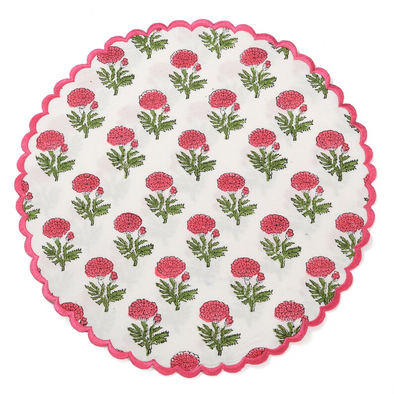 Thulian Pink, Fern Green Indian Floral Hand Block Printed 100% Pure Cotton Cloth Mats, Table Decor, Reusable Mats, Set of 2,4,6,12,24,48