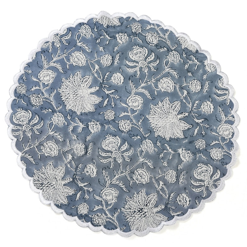 Fabricrush Airforce Blue and White Indian Floral Hand Block Printed 100% Cotton Cloth Reusable Placemats, Gift for her