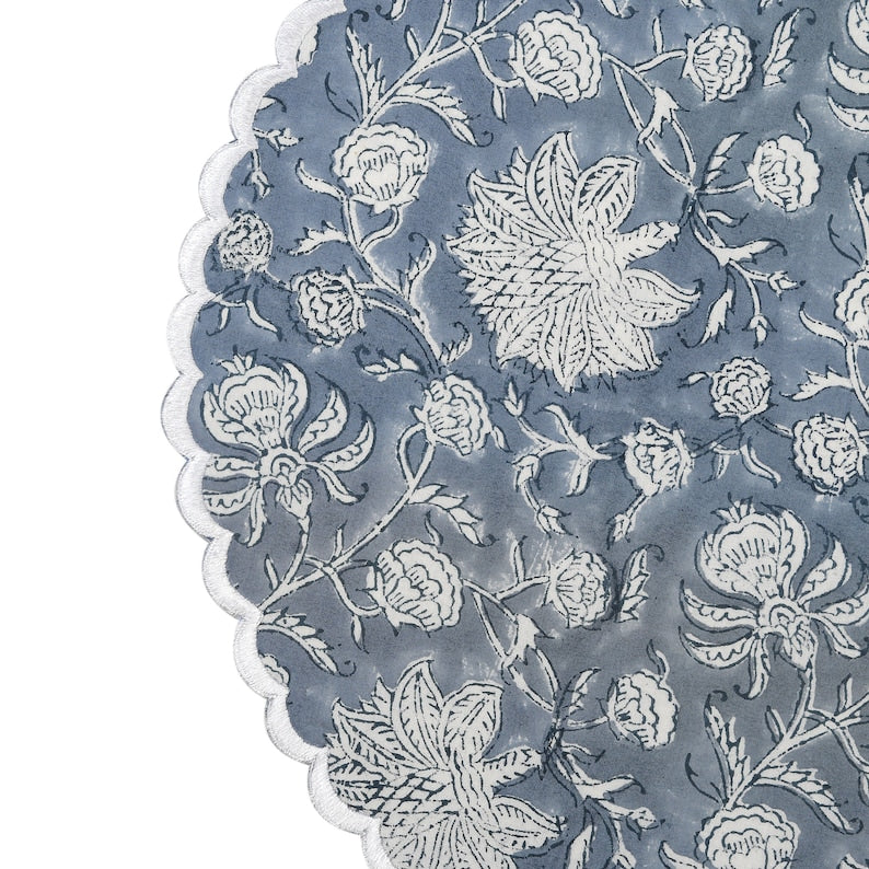 Fabricrush Airforce Blue and White Indian Floral Hand Block Printed 100% Cotton Cloth Reusable Placemats, Gift for her