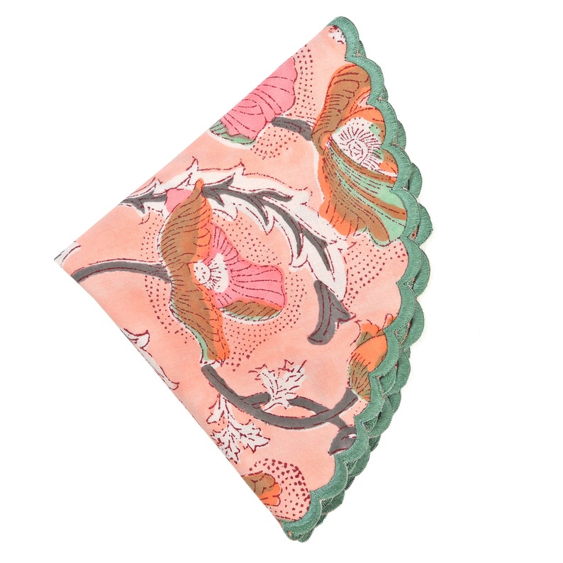 Fabricrush Salmon Pink, Teal, Grey Indian Floral Hand Block Printed 100% Cotton Cloth Mats, Gifts, Table Decor, Reusable Mats, Gift for her, gifts