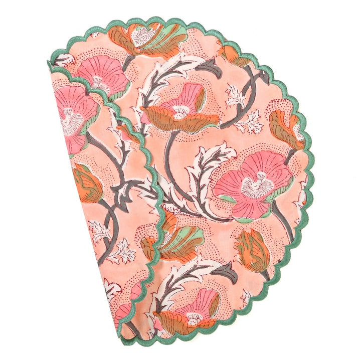 Fabricrush Salmon Pink, Teal, Grey Indian Floral Hand Block Printed 100% Cotton Cloth Mats, Gifts, Table Decor, Reusable Mats, Gift for her, gifts