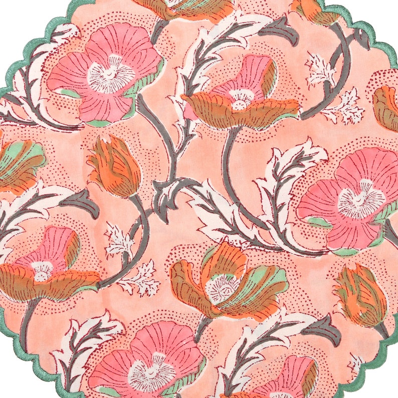 Salmon Pink, Teal, Grey Indian Floral Hand Block Printed 100% Cotton Cloth Mats, Gifts, Table Decor, Reusable Mats, Set of 2,4,6,12,24,48