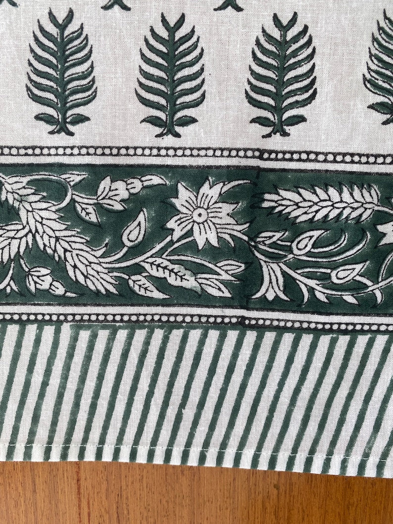 Fabricrush Juniper Green and White Handmade Leaf Printed Design Block Printing Tablecloth, Table Cover And Linen Set, Farmhouse and Wedding Decor, Gifts, Custom Table Cloth, Gift for her, gifts, Christmas decor, Christmas