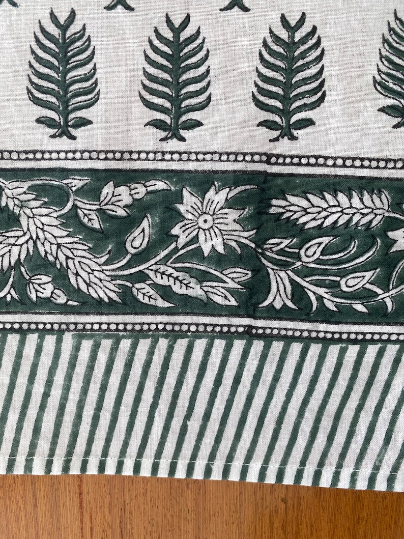 Fabricrush Juniper Green and White Handmade Leaf Printed Design Block Printing Tablecloth, Table Cover And Linen Set, Farmhouse and Wedding Decor, Gifts